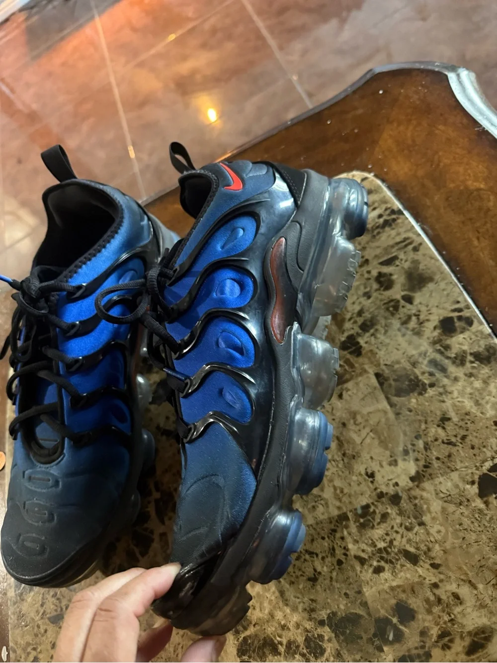 Men's Running Sneakers - Black and Blue with Red Accent Nike vapormax